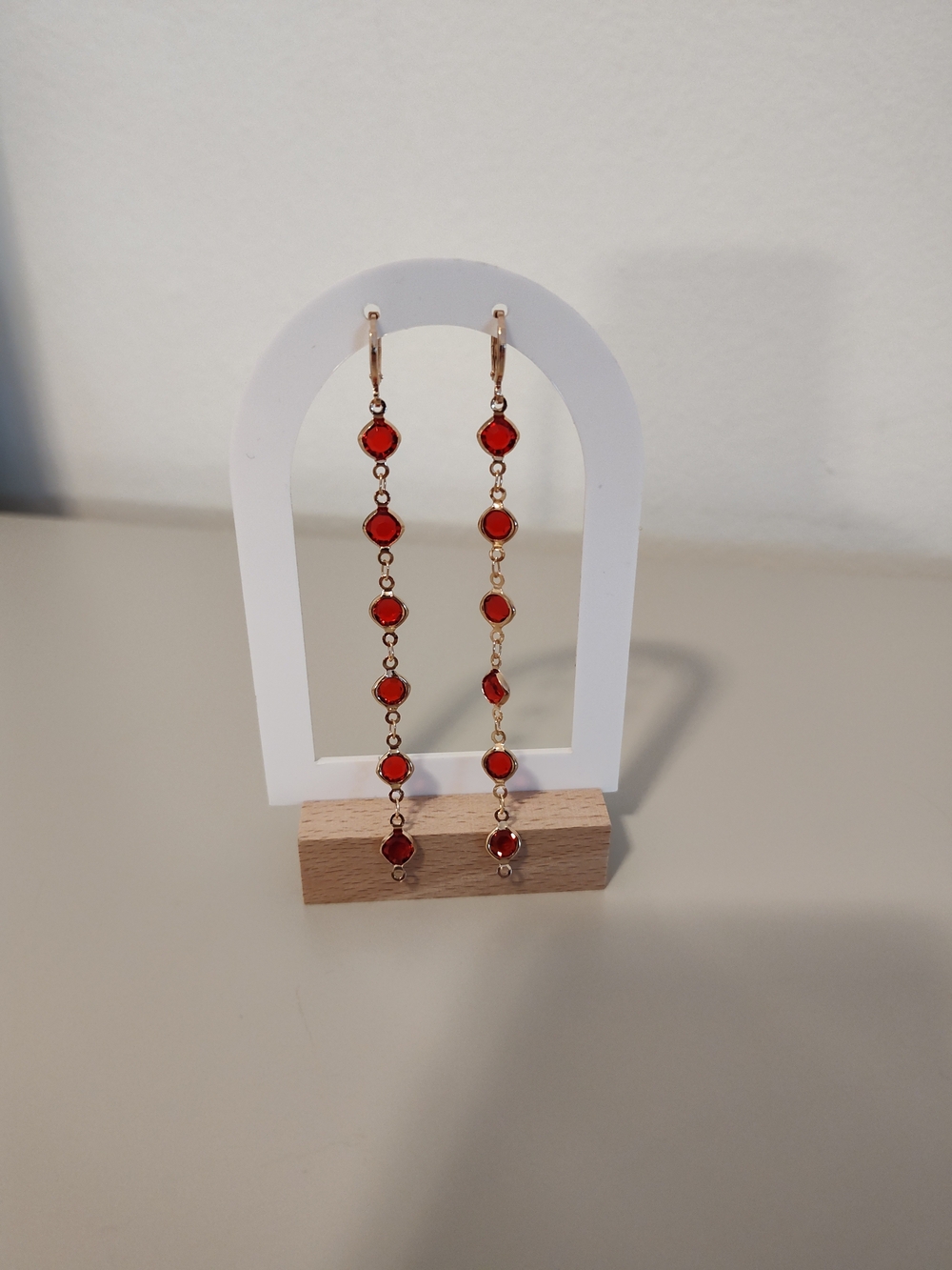 Red Dangle Drop Earrings - Gold Tone